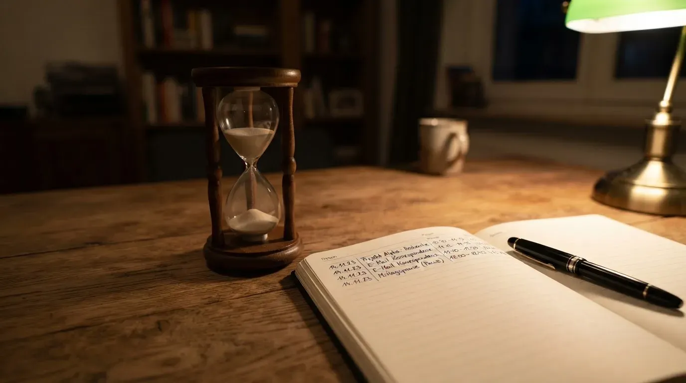 Eine Sanduhr steht auf einem Schreibtisch neben einem Notizbuch mit handschriftlichen Einträgen im Licht einer Lampe