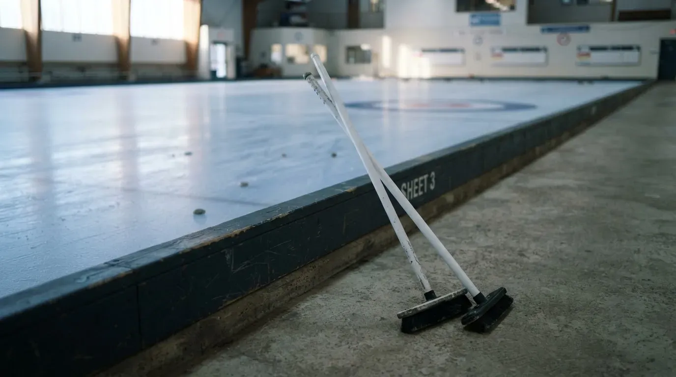 Zwei Curlingbesen lehnen an einer Bande am Rand einer leeren Eisfläche, kaltes Licht fällt durch hohe Fenster