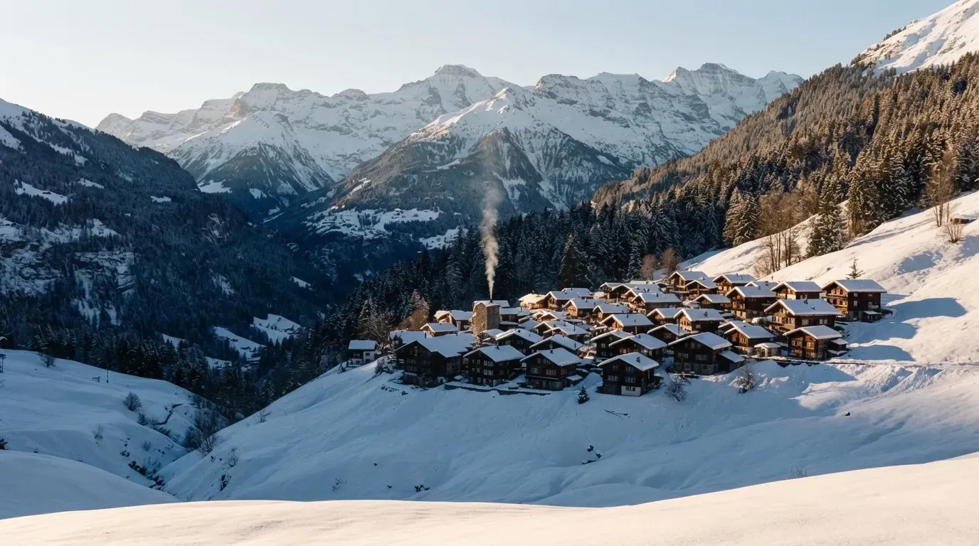 Ein Bergdorf im Schnee am Morgen aus der Ferne gesehen, aus einem Kamin steigt Rauch auf