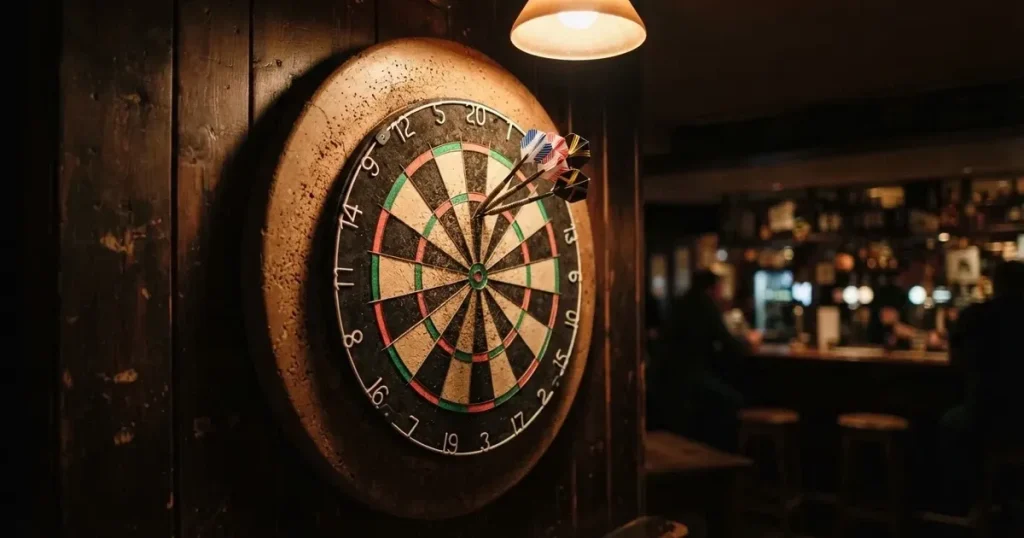 Drei Dartpfeile stecken in einer Dartscheibe an einer Holzwand in einer dämmrigen Kneipe, warmes Lampenlicht fällt von oben