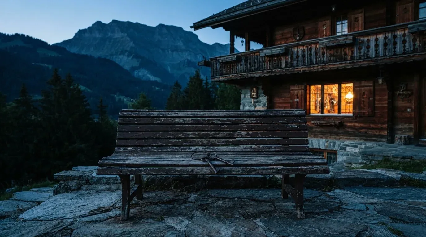 Eine Holzbank steht vor einem Chalet im Abendlicht, ein Schlüsselbund liegt darauf