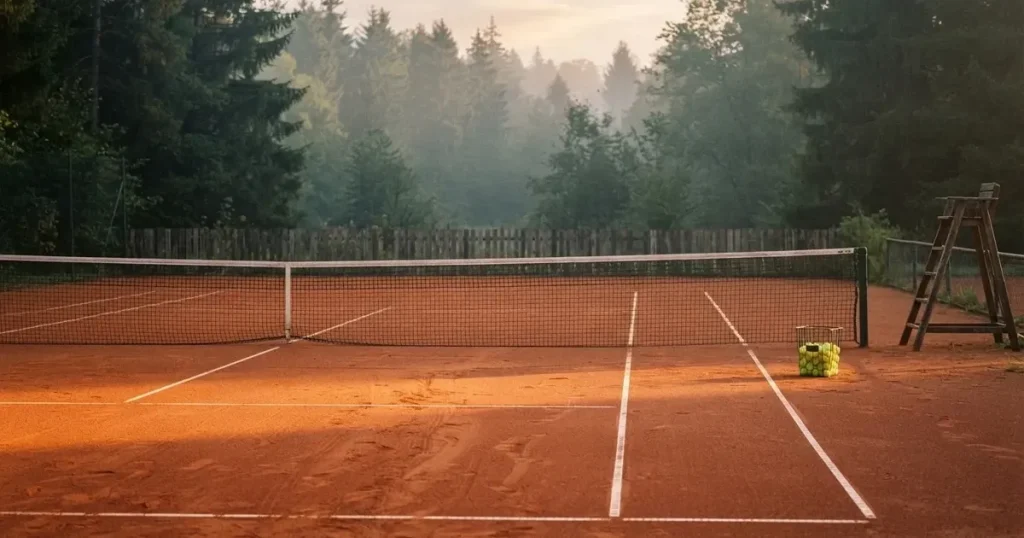Ein Tennisplatz aus Sand bei Sonnenaufgang mit gespanntem Netz, Nebel zwischen den Bäumen am Rand