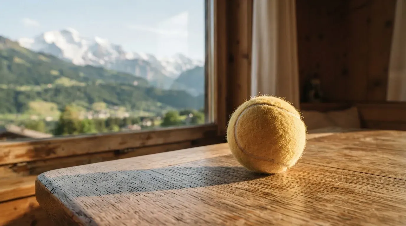 Ein einzelner gelber Tennisball liegt auf einem Holztisch vor einem Fenster mit Alpenblick