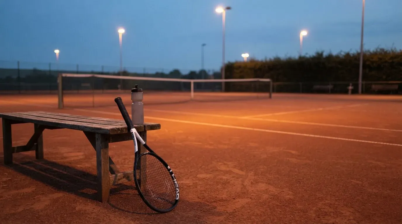 Ein Tennisschläger lehnt an einer Bank neben einer Wasserflasche, am Abend ruht der Platz im Flutlicht, aus der Ferne gesehen