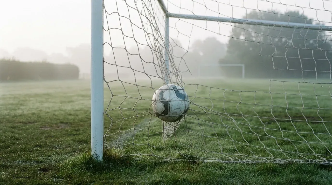 Ein Fussball liegt im Netz hinter einem Tor, weicher Morgennebel hängt über dem Rasen