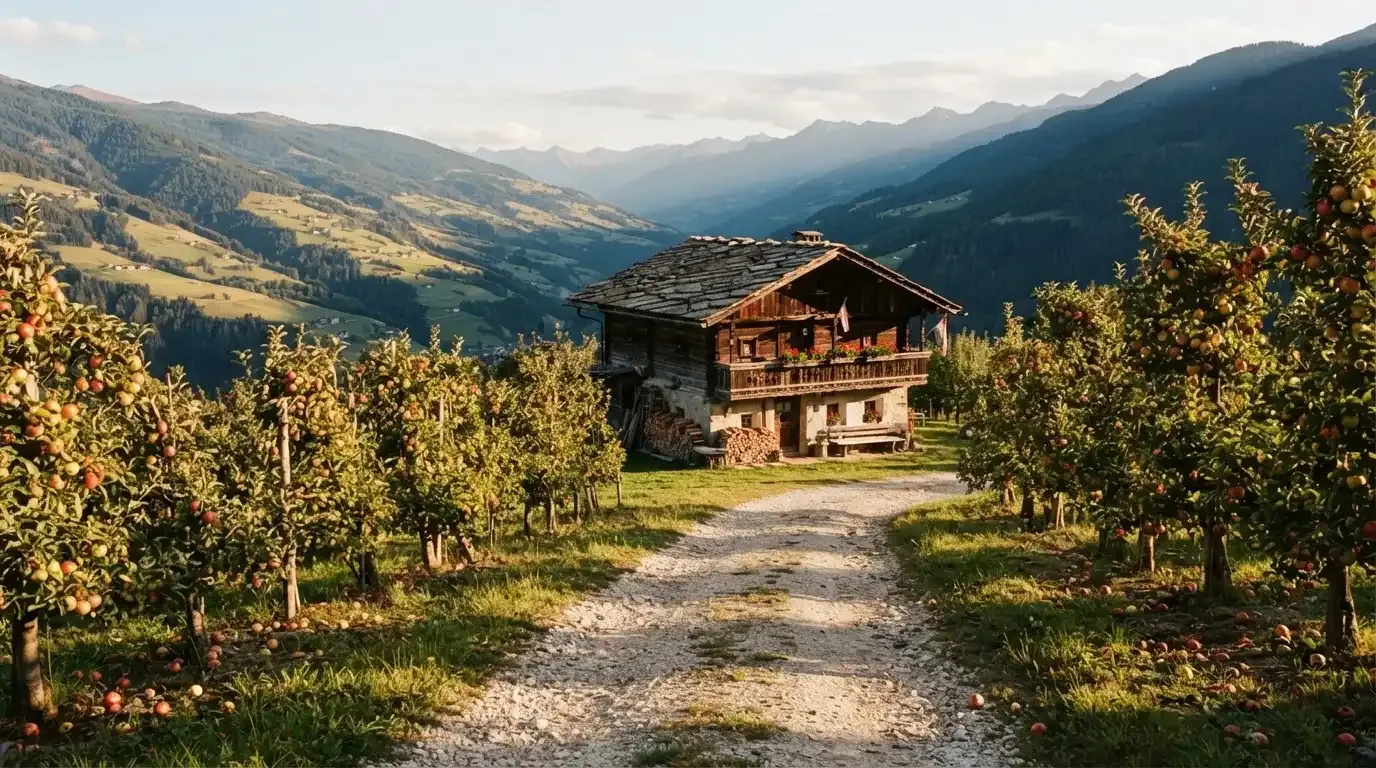 Ein Kiesweg führt durch einen Obstgarten zu einem Bauernhaus mit Holzbalkon, über dem Tal liegt Abendlicht