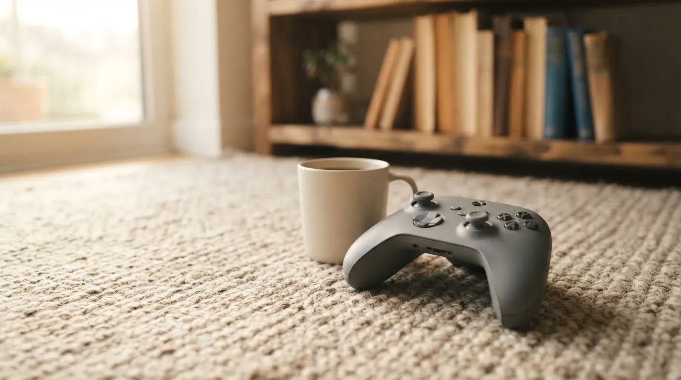 Ein Spielcontroller liegt auf einem Teppich neben einer Tasse, im Hintergrund ein Regal mit Büchern