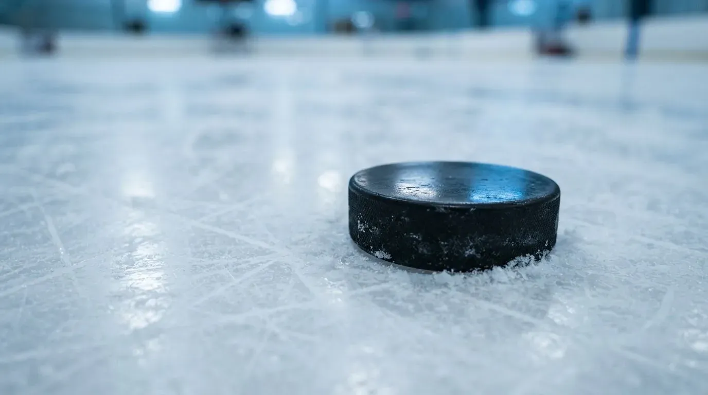 Ein Eishockeypuck liegt auf einer Eisfläche mit Kratzspuren, Nahaufnahme mit kühlen Reflexen