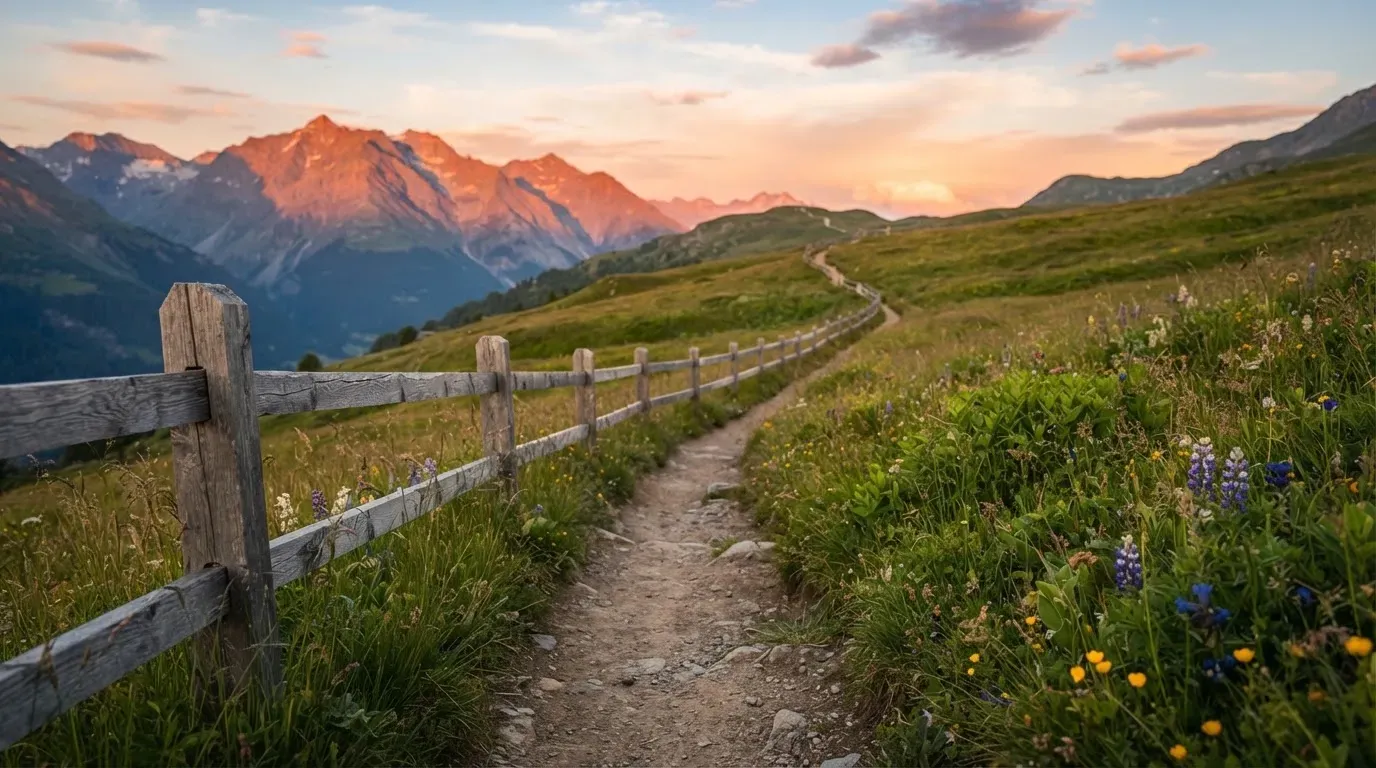 Ein Wanderweg führt durch eine Almwiese im Sonnenuntergang, am Wegrand steht ein Holzzaun