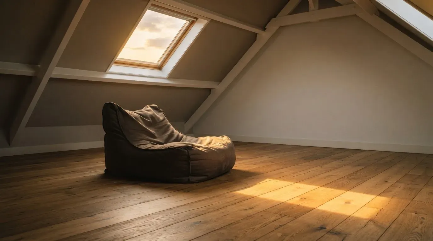 Ein leerer Sitzsack steht in einem Zimmer mit Dachfenster, Abendlicht fällt auf den Holzboden