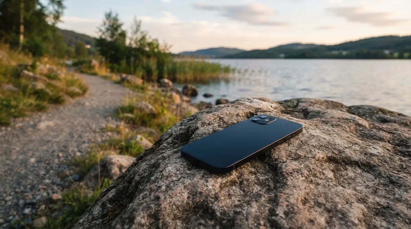 Ein schmaler Wanderweg führt am Seeufer entlang, auf einem Stein liegt ein Smartphone mit dunklem Display