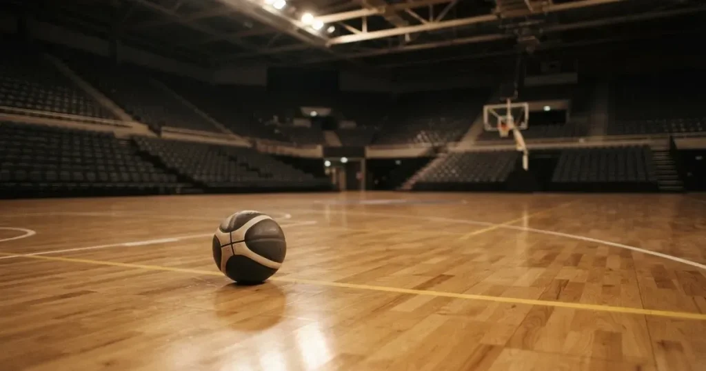 Ein Basketball liegt auf dem hellen Parkett einer leeren Halle, im Hintergrund steigen die Tribünenreihen im Halbdunkel an.