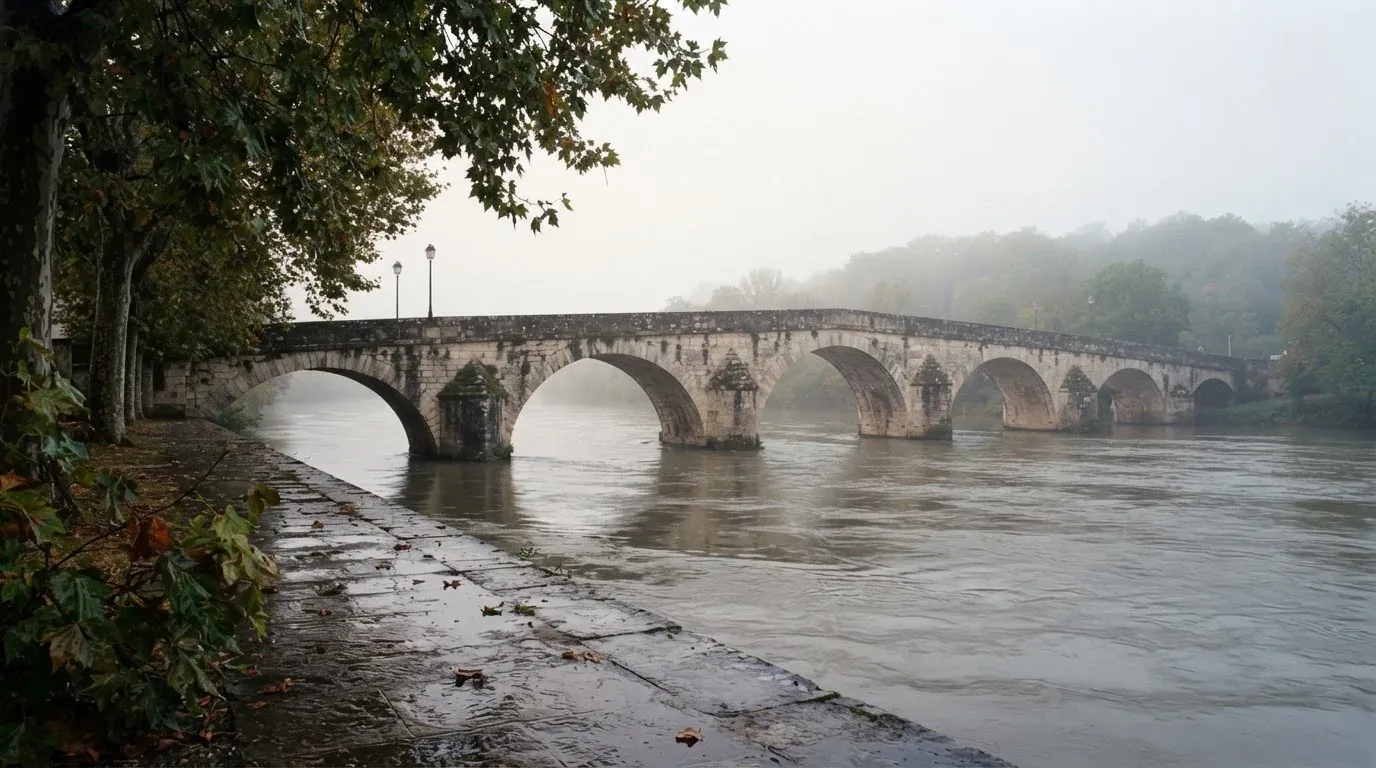 Ein breiter Fluss fliesst unter einer Steinbrücke im Nebel, am Ufer stehen Platanen mit nassen Blättern.