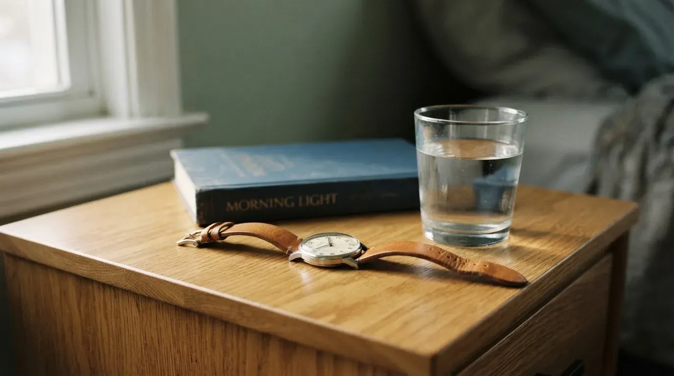 Eine Armbanduhr und ein Wasserglas stehen auf einem Nachttisch im ersten Morgenlicht, daneben ein zugeklapptes Buch.