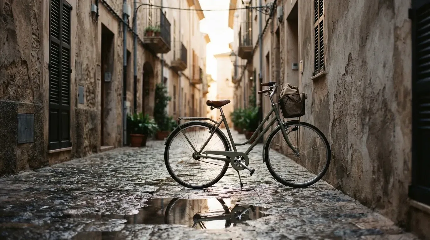 Ein Fahrrad lehnt an einer Mauer in einer Altstadtgasse, das Kopfsteinpflaster glänzt nass nach dem Regen.