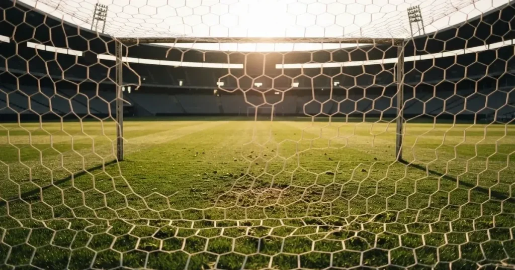 Ein Fussballtor mit weissem Netz steht auf frisch gemähtem Rasen, die hellen und dunklen Streifen im Gras leuchten im Gegenlicht.