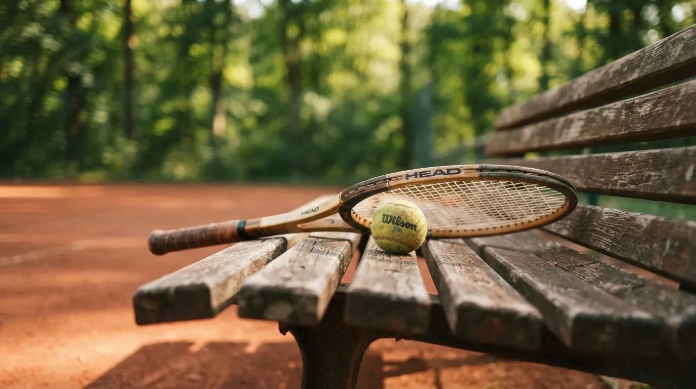 Ein Tennisball und ein Schläger ruhen auf einer Holzbank am Spielfeldrand, im Hintergrund hohe Bäume im Sommerlicht.