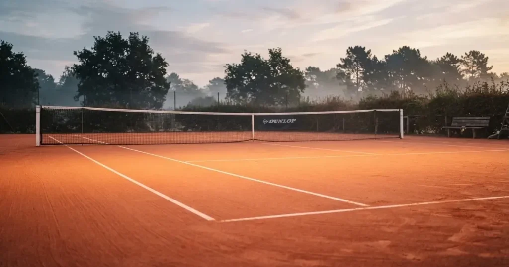 Ein Tennisplatz aus rotem Sand liegt im ersten Licht des Morgens, das Netz hängt still und die Linien sind frisch gezogen.