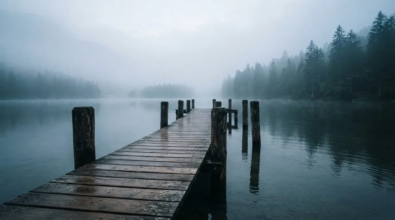 Ein Holzsteg führt über einen ruhigen Bergsee im Nebel, am anderen Ufer stehen dunkle Tannen.