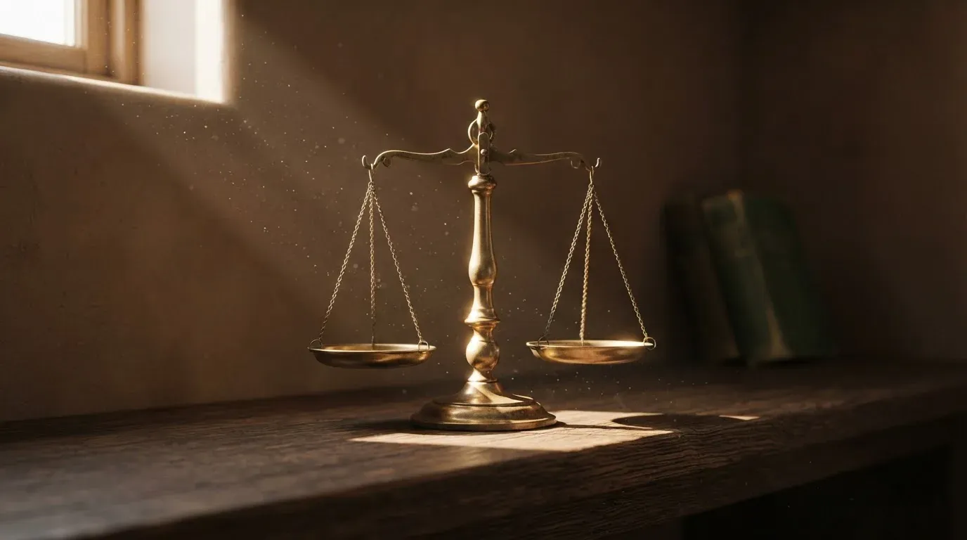 Eine Messingwaage steht auf einem dunklen Holzregal in einem ruhigen Raum, Staub tanzt im Licht.