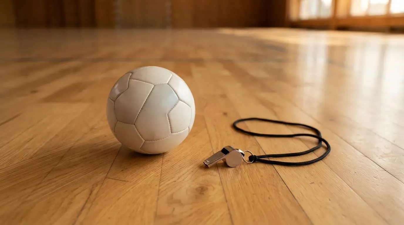 Ein kleiner, schwerer Ball liegt auf glattem Hallenparkett neben einer Trillerpfeife an einer Schnur.