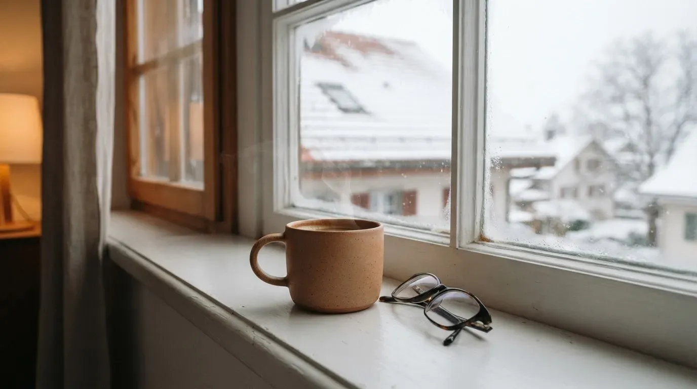 Eine Kaffeetasse und eine Brille stehen auf einem Fensterbrett, draussen fällt Schnee auf ein Dach.