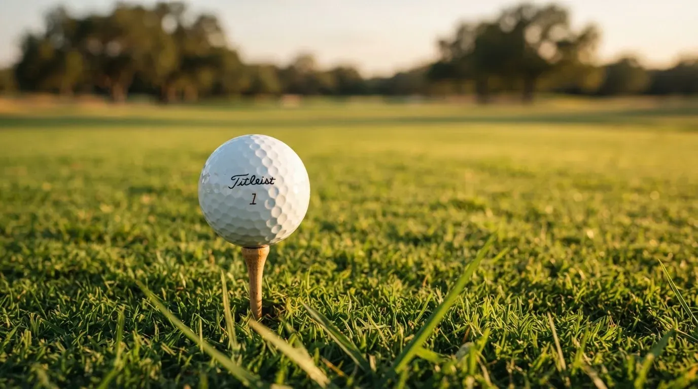 Ein Golfball liegt auf einem Holztee im Gras, scharf im Vordergrund, dahinter verschwimmt eine weite Wiese.