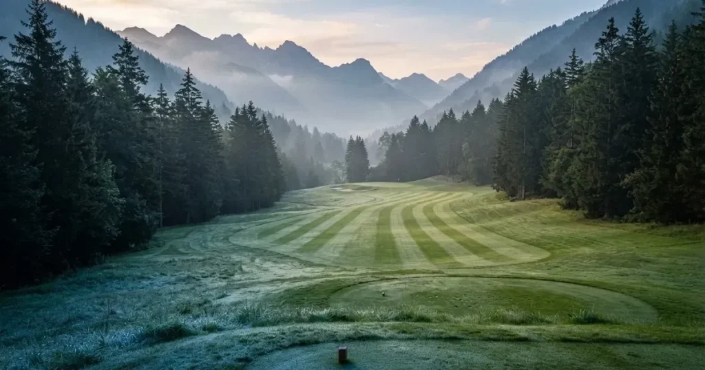 Ein weites Fairway zieht sich im Dunst des frühen Morgens zwischen Föhren hin, Tau liegt auf dem kurzen Gras.