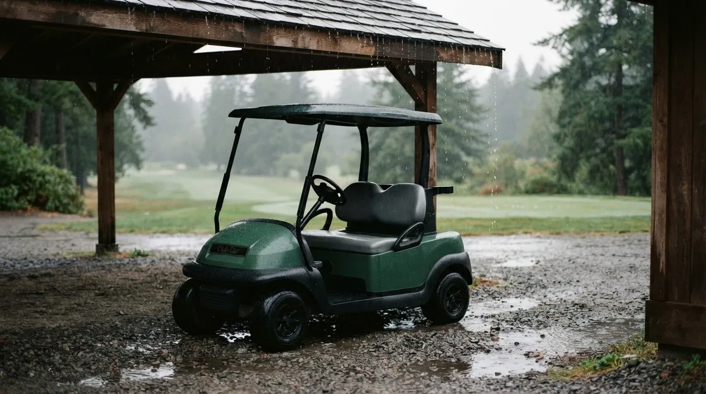 Ein leerer Golfwagen steht unter einem Vordach, Regen tropft vom Dachrand auf einen Kiesweg.