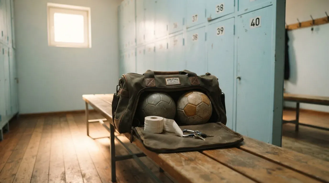 Eine Stofftasche mit Klebeband und zwei Handbällen steht auf einer Bank in einer Umkleide, Licht fällt durch ein kleines Fenster.
