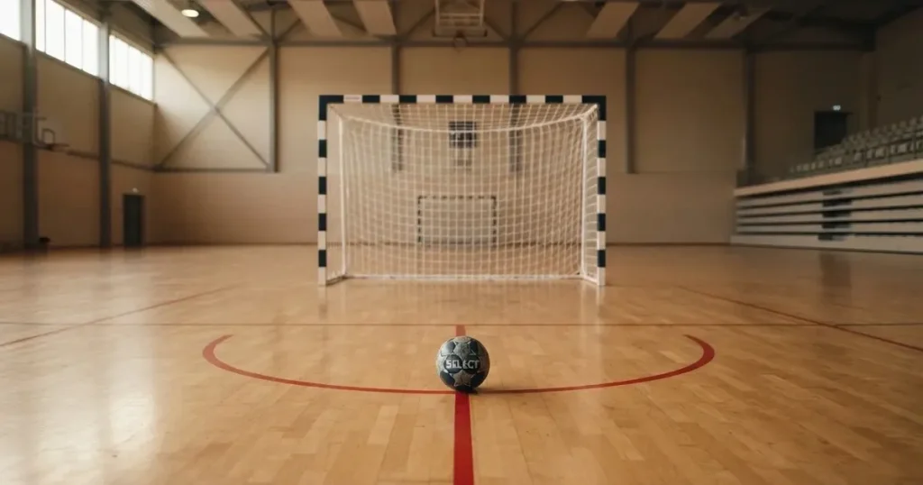 Ein Tor mit dicht gespanntem Netz steht in einer grossen Halle, davor liegt ein Handball auf der Torraumlinie.