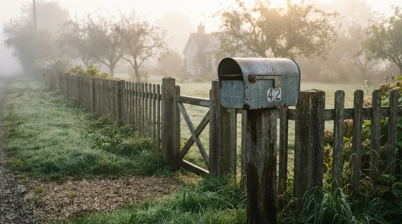 Ein Briefkasten aus Metall hängt an einem Holzzaun, dahinter liegt ein Garten im Morgennebel.