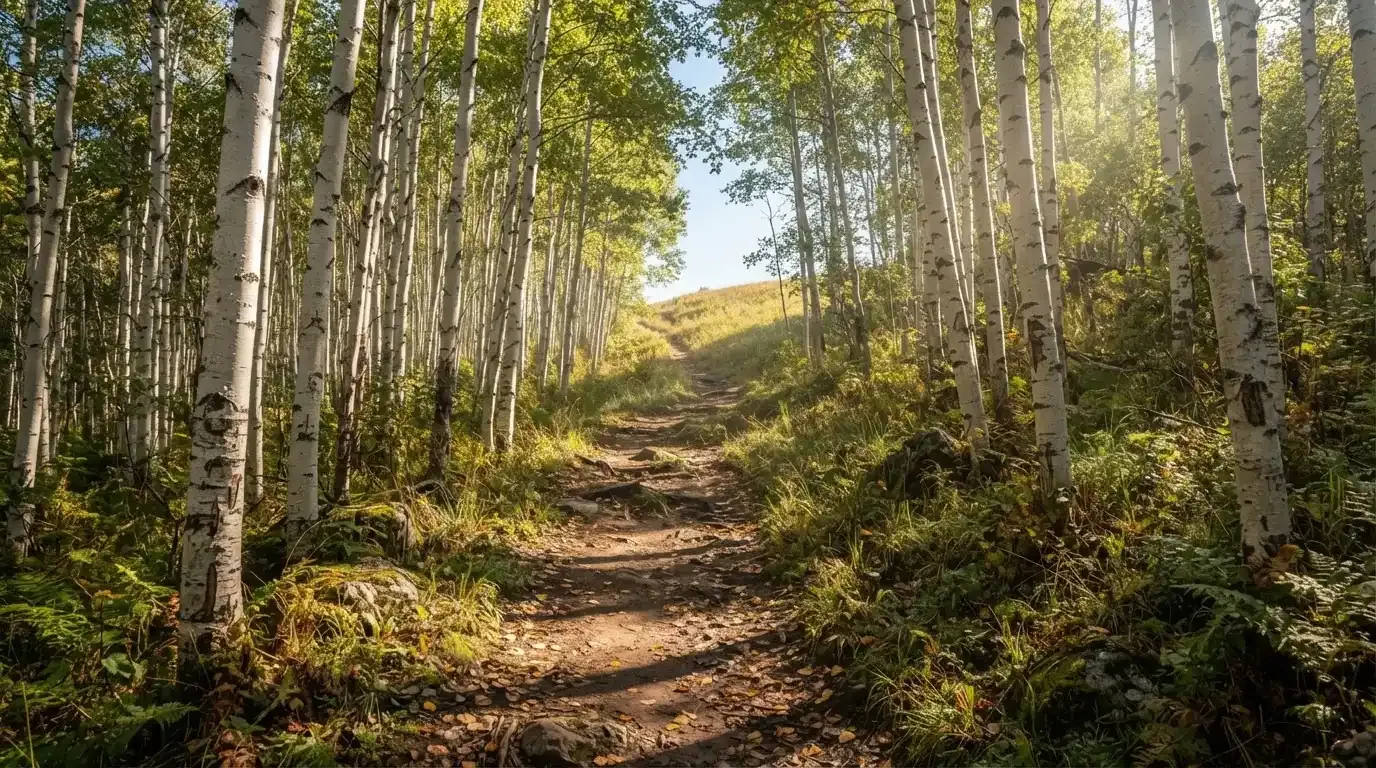 Ein Wanderweg führt zwischen hellen Birken bergauf, Sonnenstrahlen fallen durch das Laub auf den Boden.
