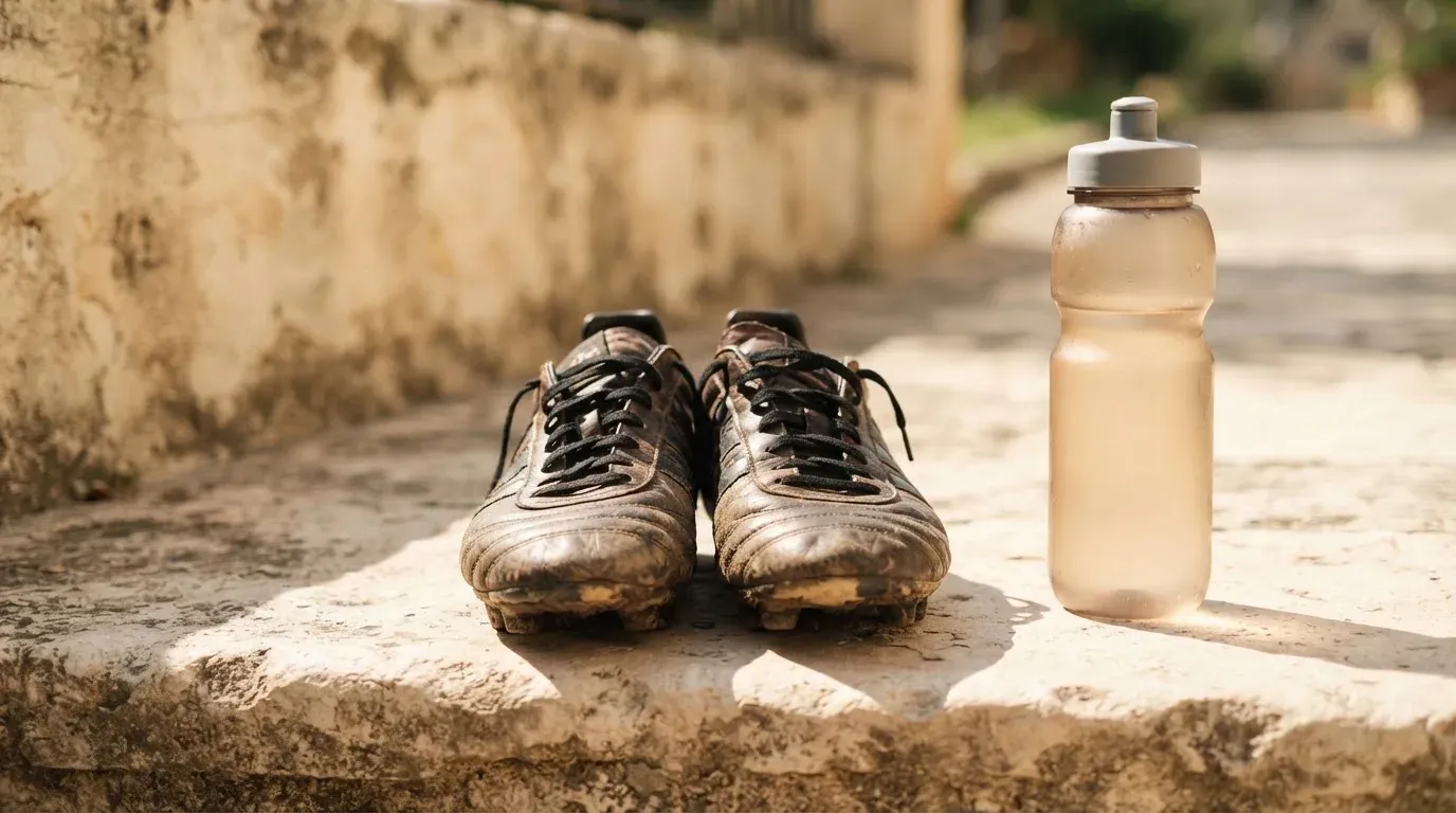 Ein Paar abgetragene Fussballschuhe steht neben einer Wasserflasche auf einer Treppenstufe im Sonnenlicht.