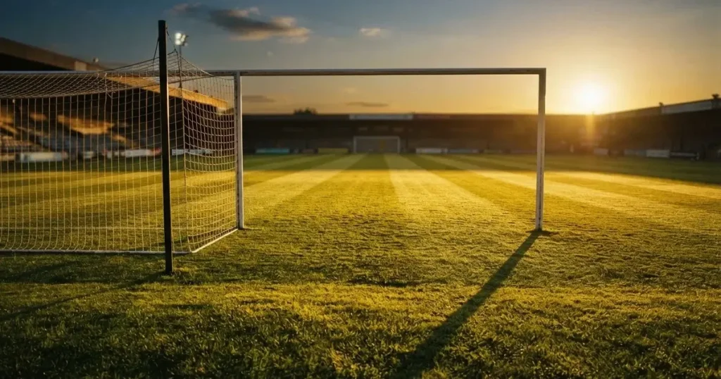 Ein Fussballplatz im Abendlicht mit langen Schatten der Torpfosten, die Rasenfläche leuchtet gelblich.