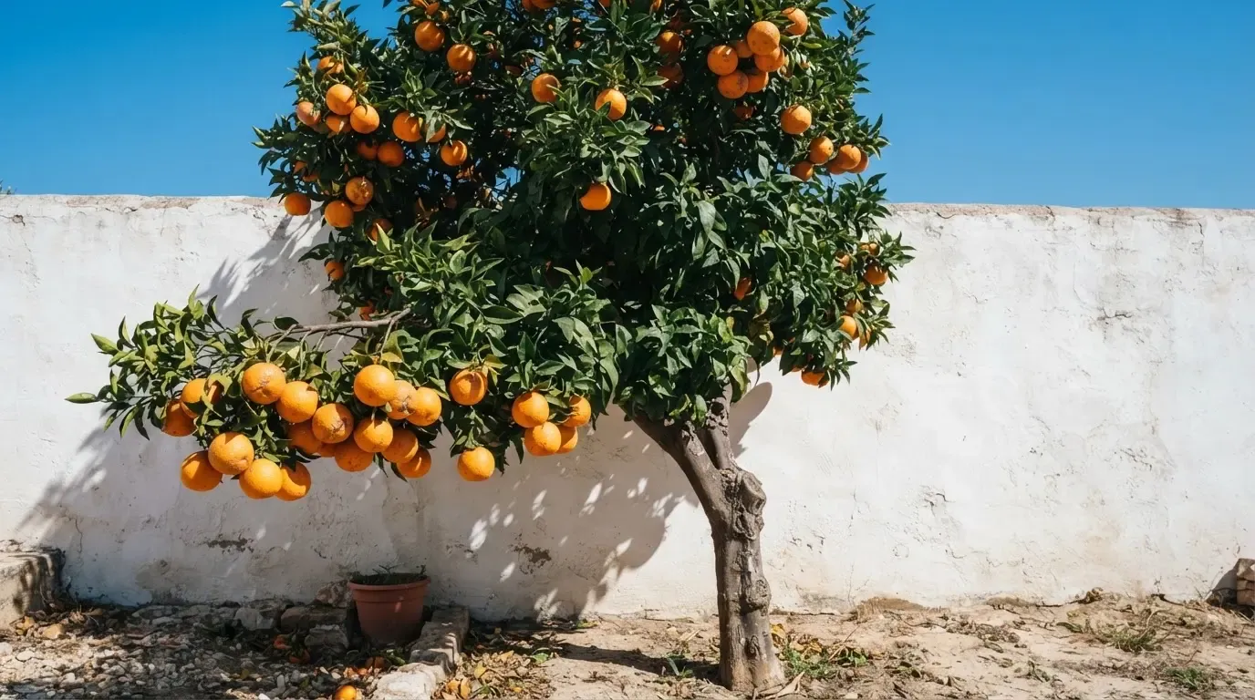 Ein Orangenbaum mit reifen Früchten wächst an einer weissen Mauer unter blauem Himmel.