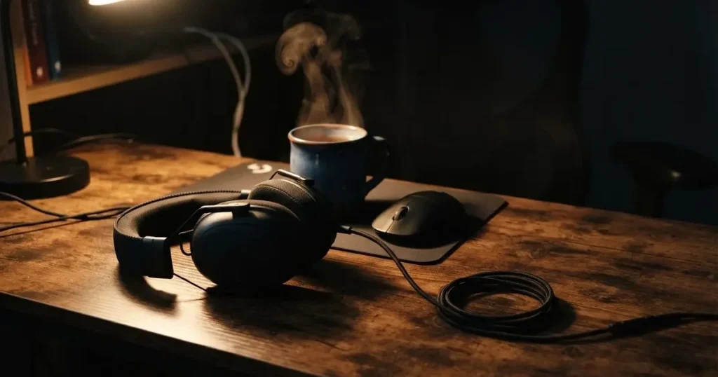 Ein Headset und eine Computermaus liegen auf einem dunklen Schreibtisch, daneben ein Becher mit dampfendem Tee.