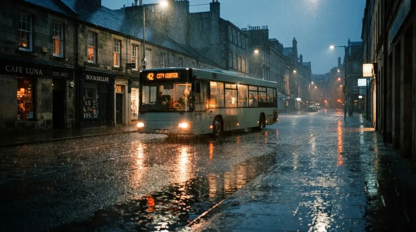 Ein Stadtbus fährt an einem regnerischen Abend durch eine Strasse mit Pfützen, die Lichter spiegeln sich im Asphalt.