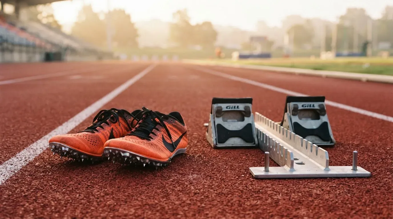 Ein Paar Laufschuhe mit Spikes liegt auf einer Tartanbahn neben einem Startblock, die Linien verlaufen in die Ferne.