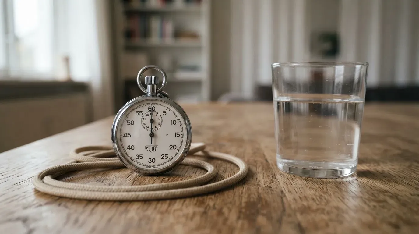 Eine Stoppuhr an einer Schnur liegt auf einem Holztisch neben einem Wasserglas, das Licht ist ruhig.