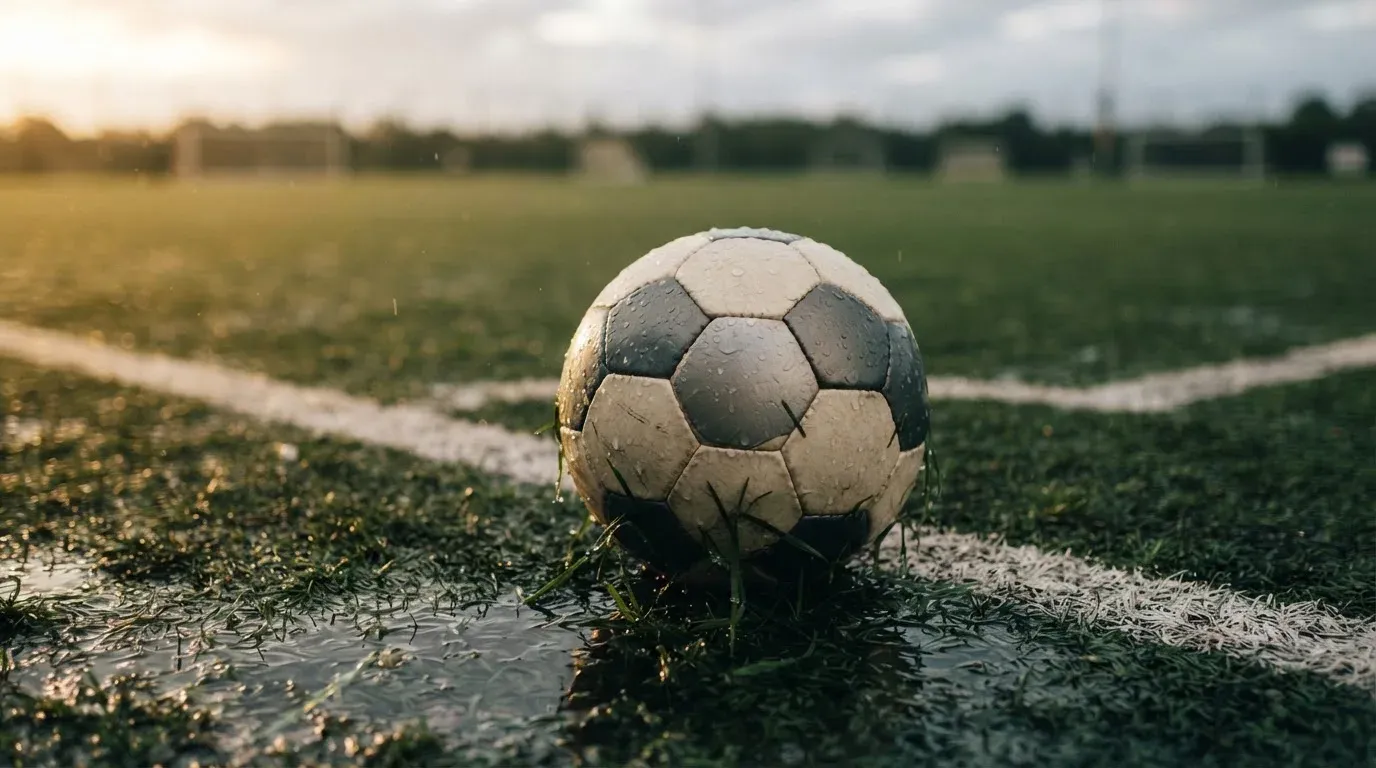 Ein Fussball liegt auf nassem Kunstrasen neben einer weissen Linie, Pfützen spiegeln den Himmel.