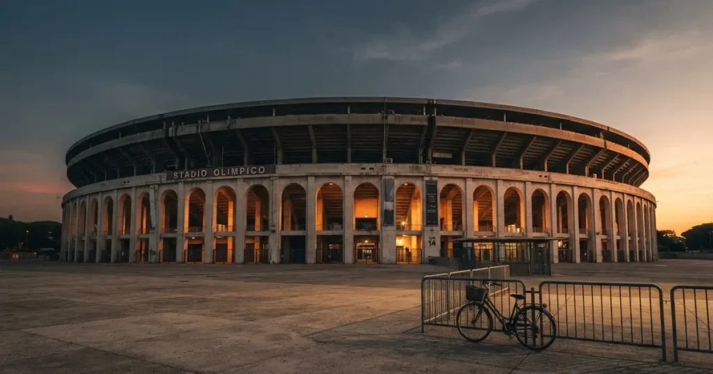 Ein Stadionrund von aussen in der Dämmerung, Betonbögen und leerer Vorplatz, ein Fahrrad lehnt am Geländer.