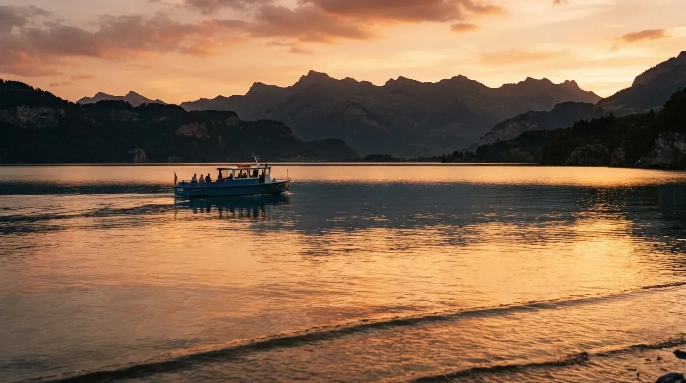 Eine Fähre gleitet bei Sonnenuntergang über einen ruhigen See, das Wasser glänzt in Orange.