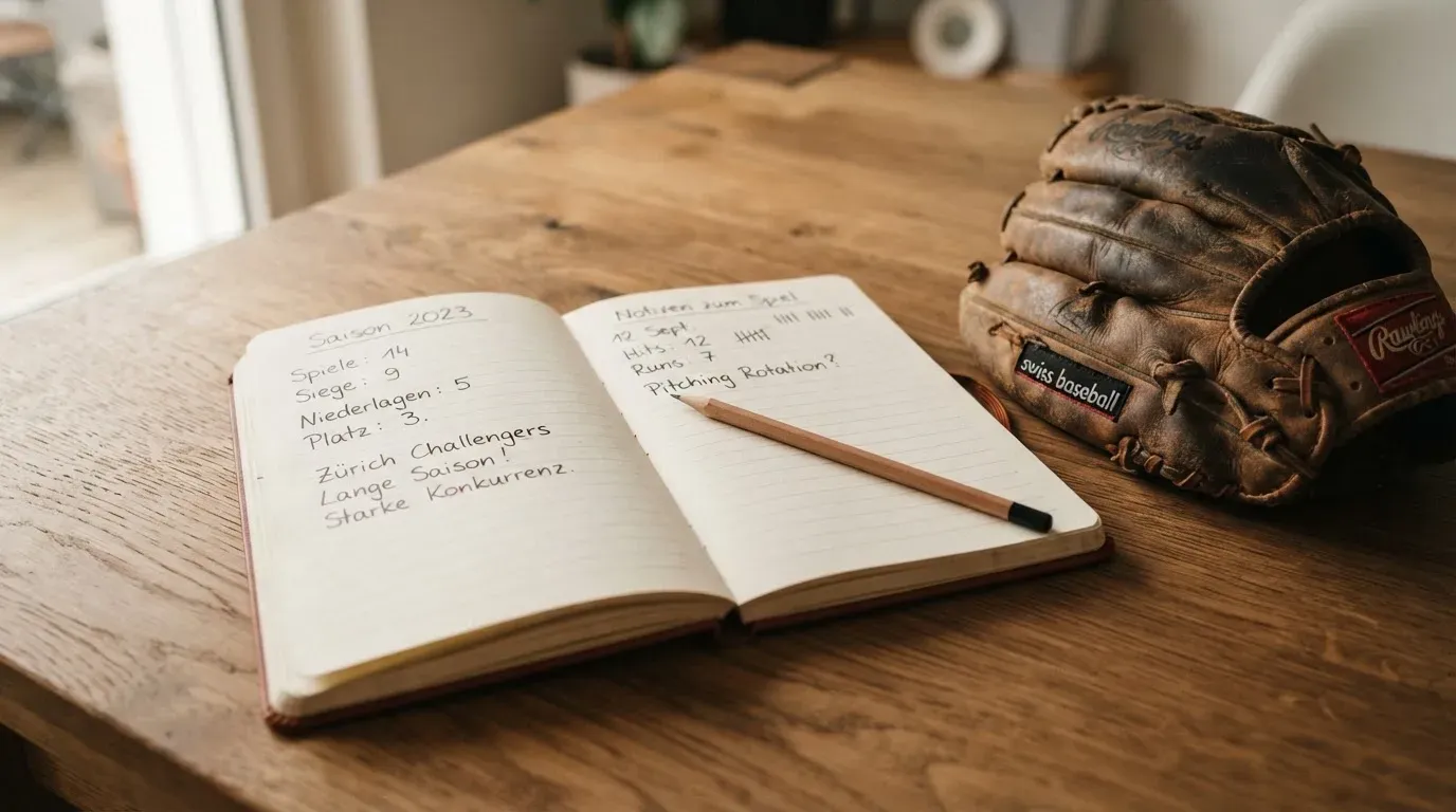 Ein aufgeschlagenes Notizbuch mit handgeschriebenen Notizen und ein Bleistift liegen auf einem Holztisch neben einem abgegriffenen Baseballhandschuh.