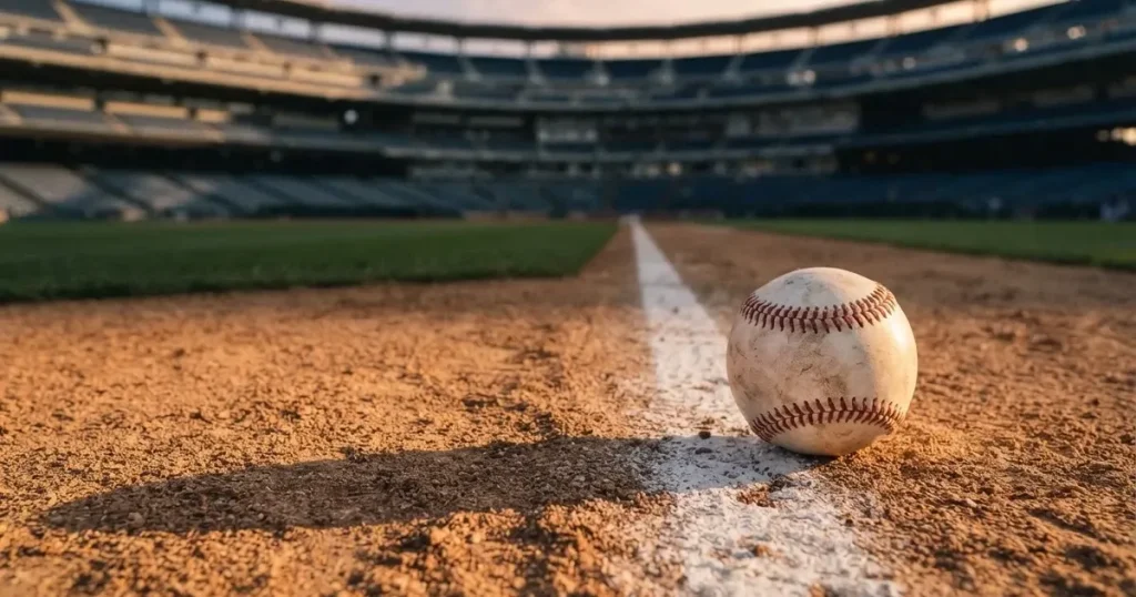 Ein weisser Baseball liegt auf rotbraunem Sand neben der Grundlinie eines leeren Stadions im warmen Abendlicht, die Ränge sind verlassen.