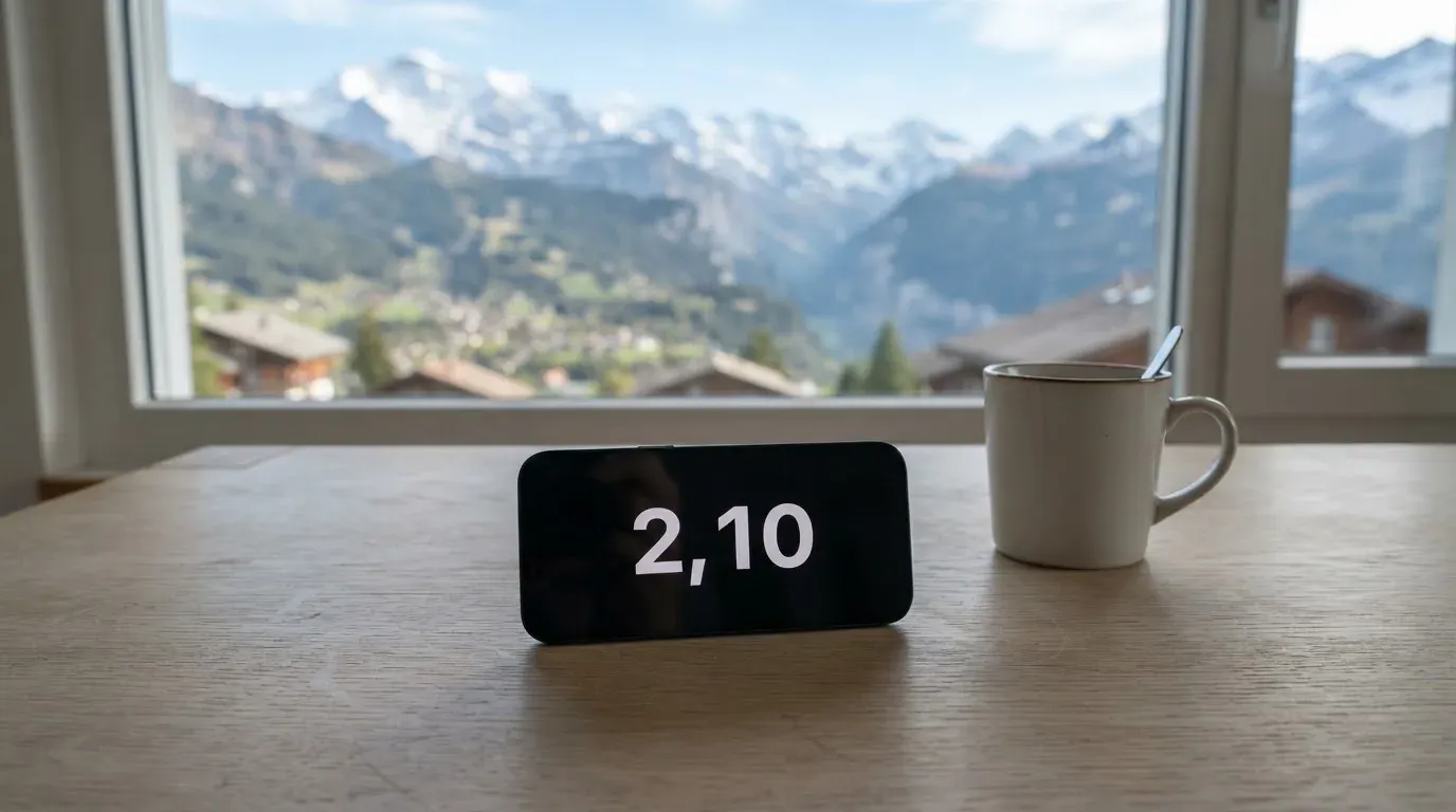 Ein Smartphone mit dunklem Bildschirm liegt auf einem hellen Schreibtisch neben einer Tasse, durch das Fenster dahinter sieht man eine Bergkette.