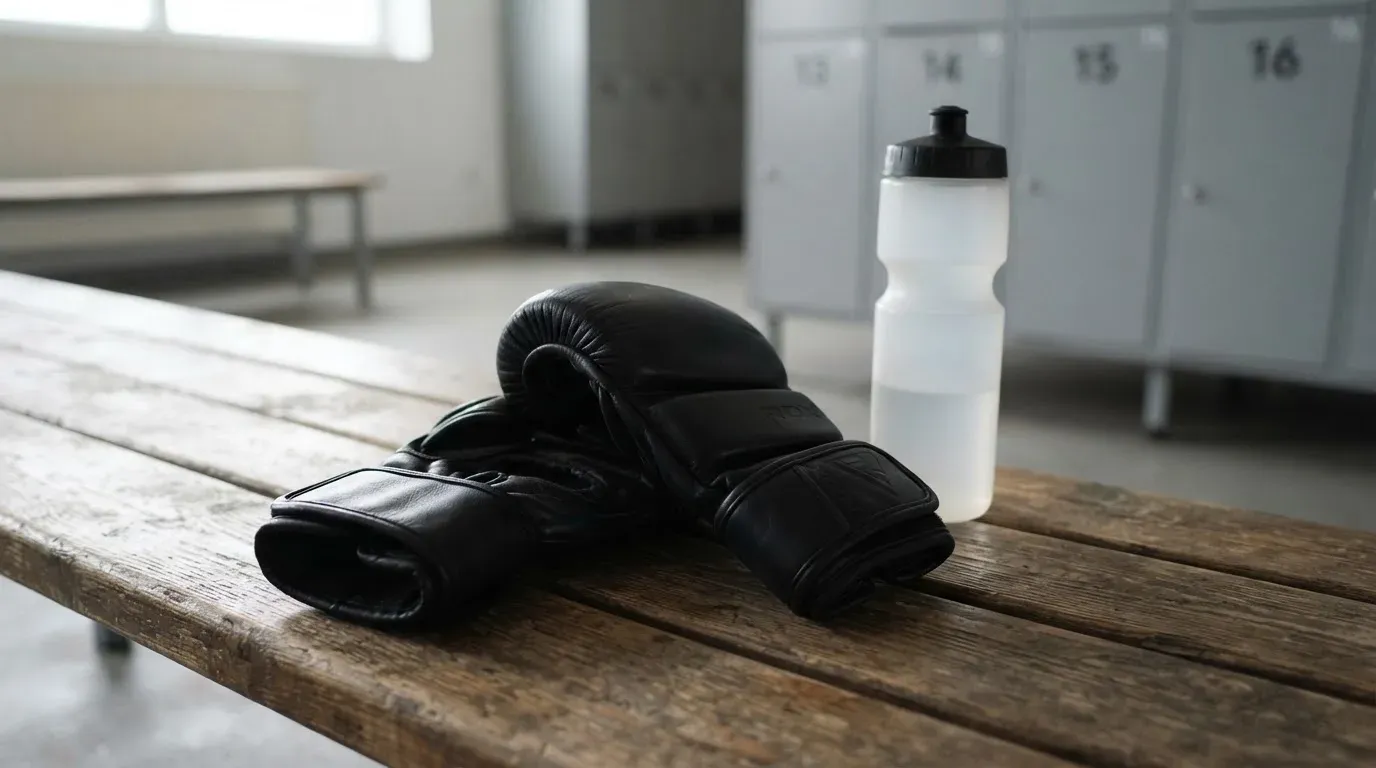 Ein Paar Kampfsporthandschuhe liegt auf einer Holzbank neben einer Wasserflasche in einer ruhigen Umkleide, durch ein hohes Fenster fällt Tageslicht.