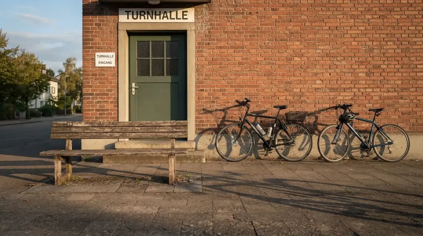 Eine Holzbank steht vor dem Eingang einer Turnhalle am frühen Morgen, daneben lehnen zwei Fahrräder an einer Backsteinwand.