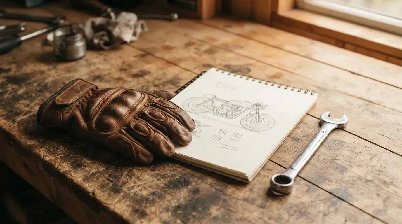 Ein Motorradhandschuh aus Leder liegt auf einer Werkbank neben einem Block mit handgezeichneten Skizzen und einem Schraubenschlüssel.
