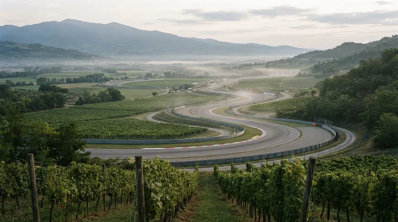 Eine Rennstrecke aus der Ferne zwischen Weinbergen und einer Bergkette, Dunst liegt am frühen Morgen über dem Asphalt.
